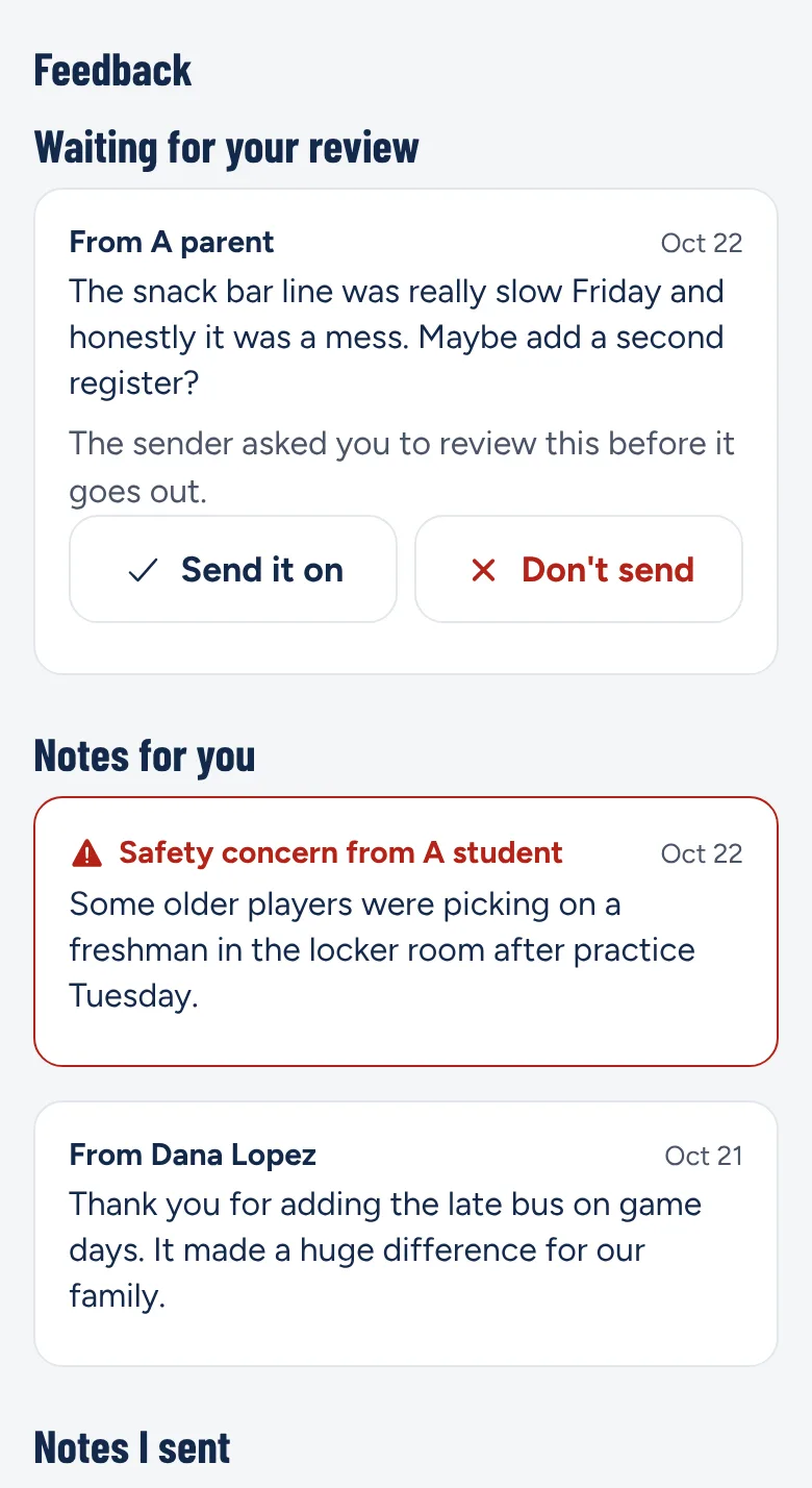 The feedback inbox, with a safety concern from a student flagged at the top