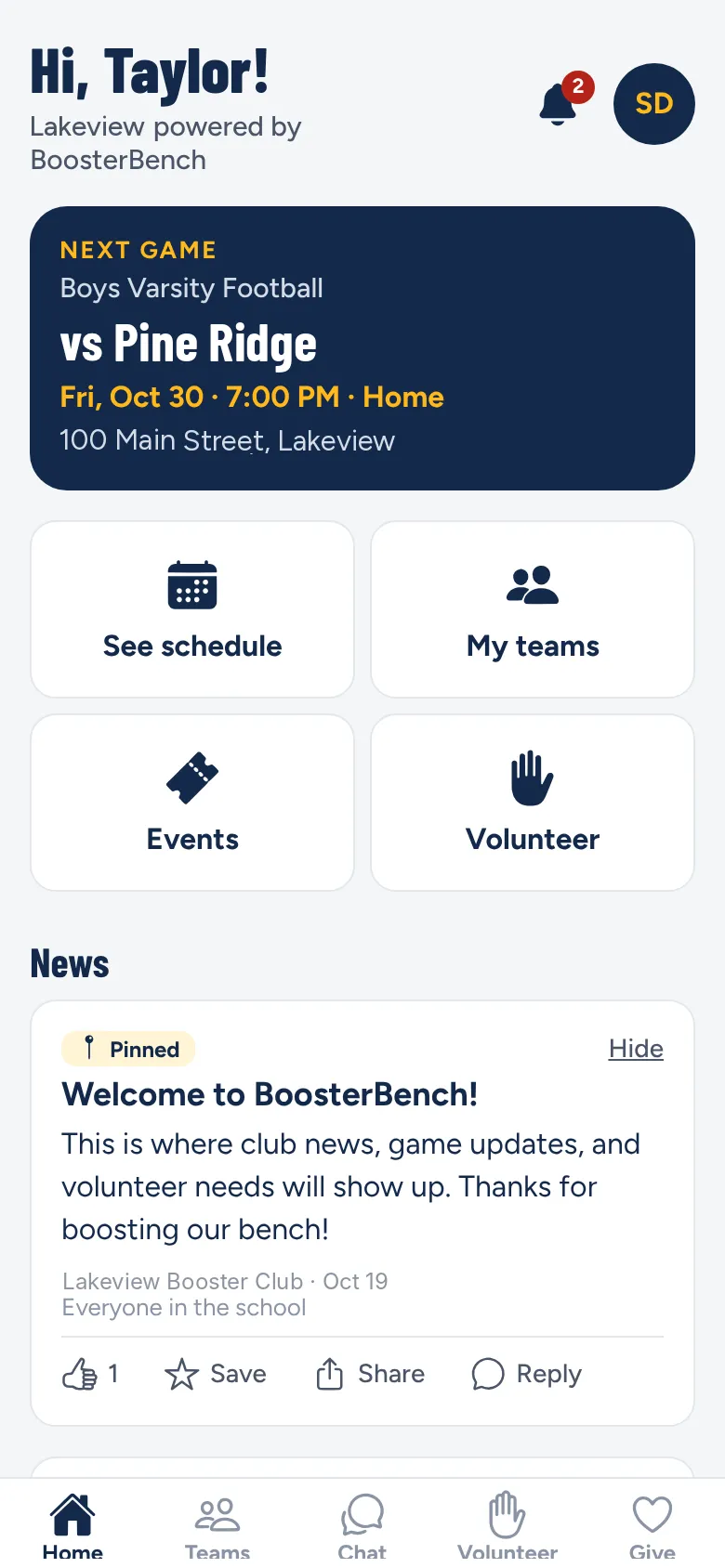 The Home screen with the next game, four big buttons and the news feed