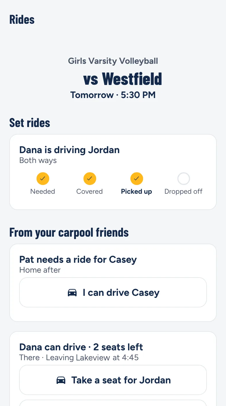 The Rides screen for an away game, showing a ride in progress and open seats from carpool friends