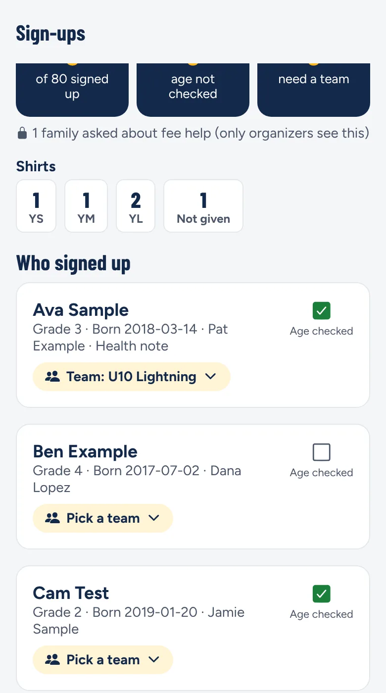 A program leader's sign-up list with shirt sizes and players to place on teams