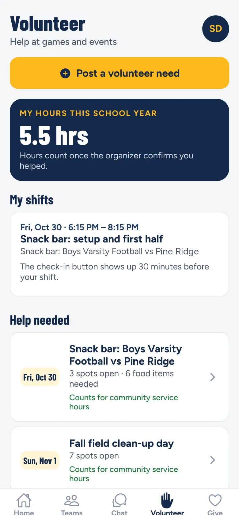 The Volunteer tab showing 5.5 hours this school year and open snack bar shifts